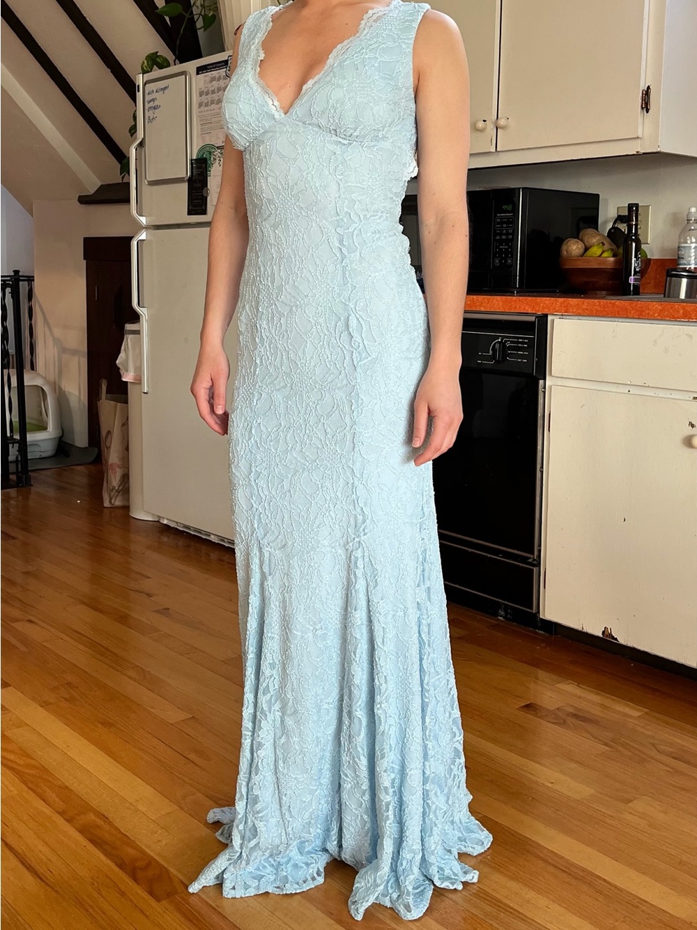 Light Blue Lace V-Neck Formal Dress